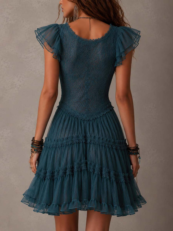 Vintage-Inspired Blue Lace and Satin Flowy Mini Dress