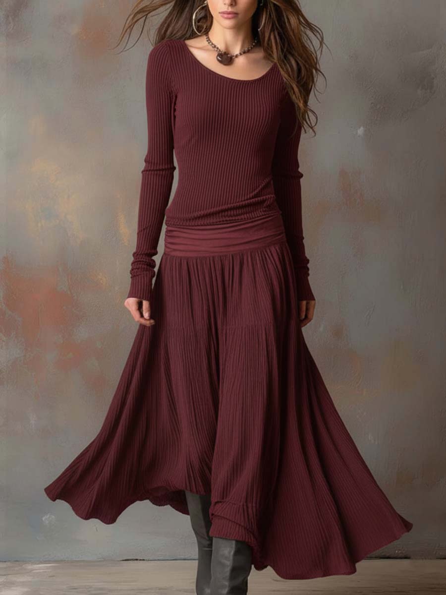 Charcoal Grey Vintage Ribbed Knit Long Dress