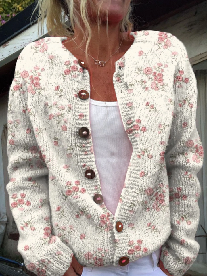 Pink Rose Design Knitted Cardigan with Buttons
