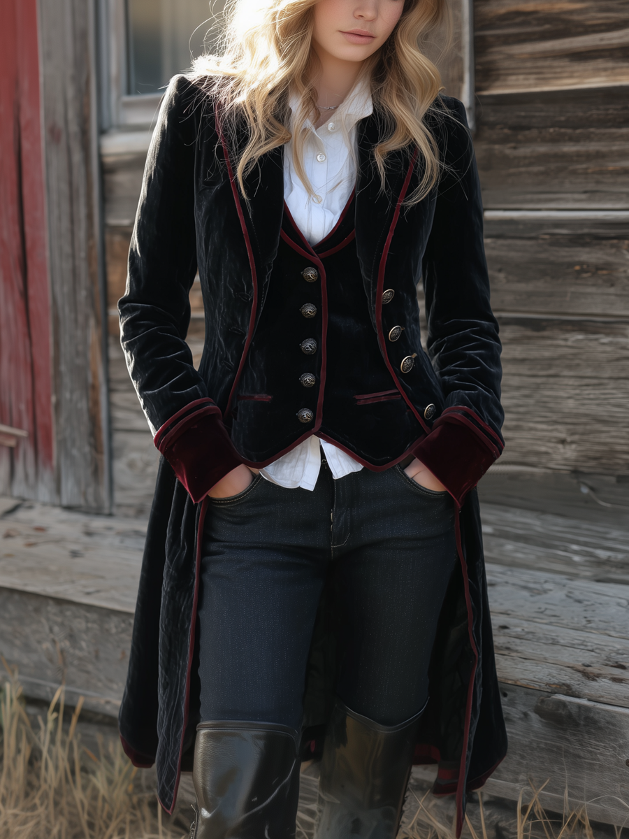 Retro Long Velvet Jacket with Contrasting Accents