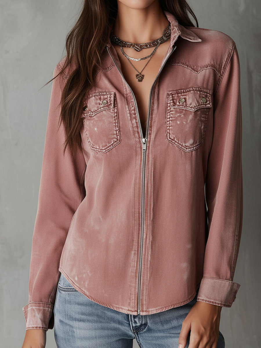 West Soft Blush Pink Denim Zip-Up Top
