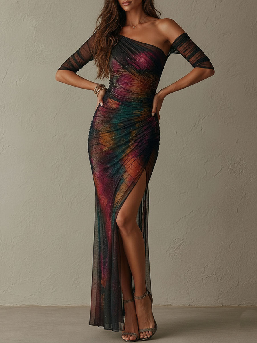 Chic One-Shoulder Maxi Dress with Retro Galaxy Print and Mesh Details for Evening Events