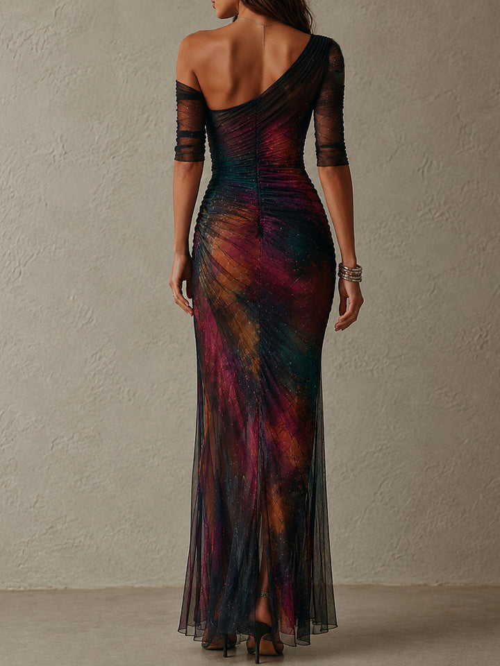 Chic One-Shoulder Maxi Dress with Retro Galaxy Print and Mesh Details for Evening Events
