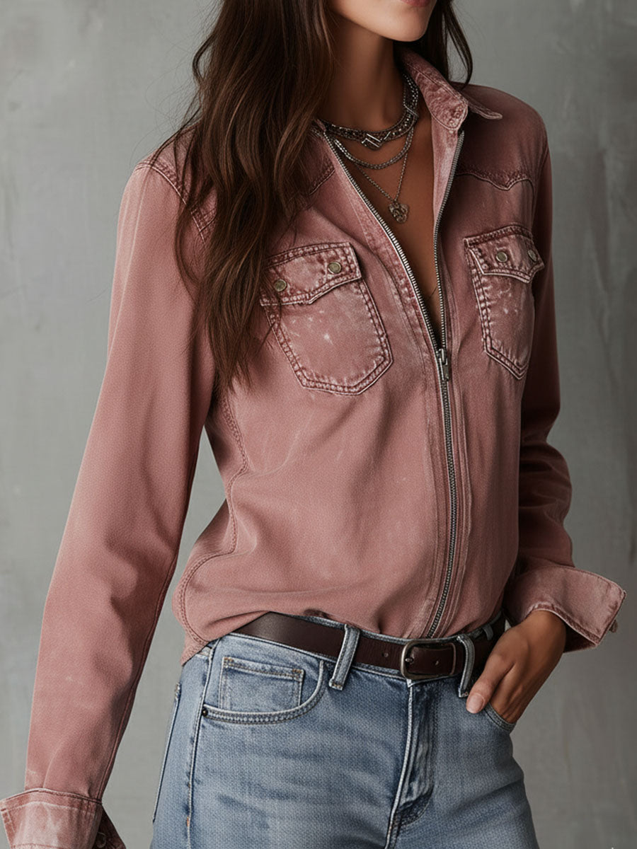 West Soft Blush Pink Denim Zip-Up Top
