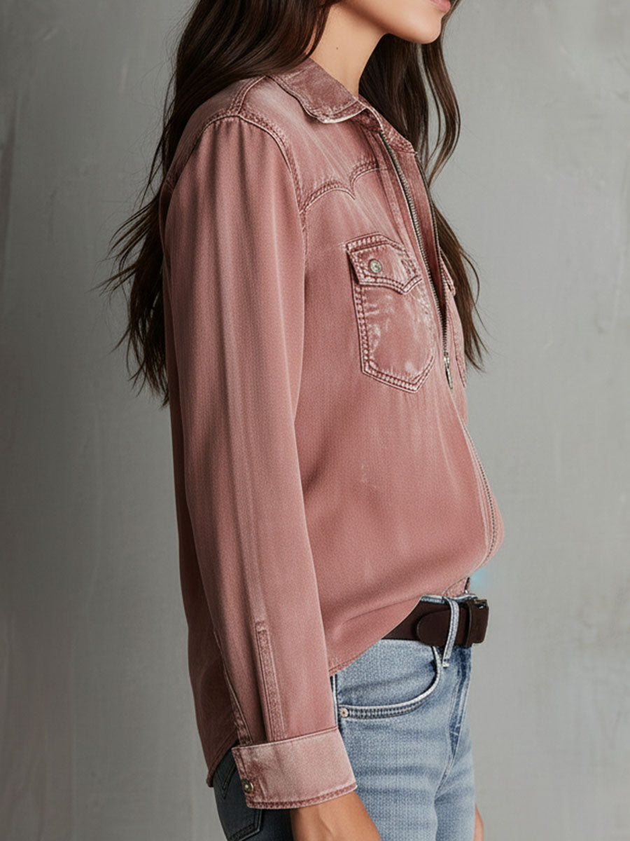 West Soft Blush Pink Denim Zip-Up Top