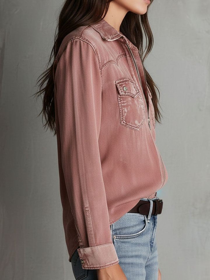 West Soft Blush Pink Denim Zip-Up Top