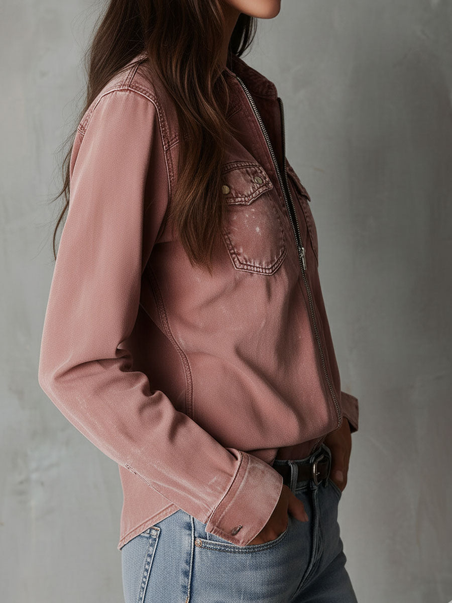 West Soft Blush Pink Denim Zip-Up Top
