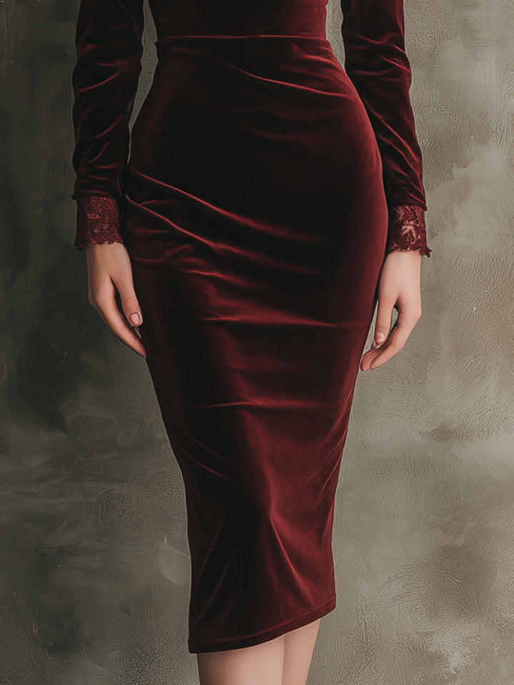 Elegant Lace and Velvet Midi Dress with a Soft Luxurious Feel