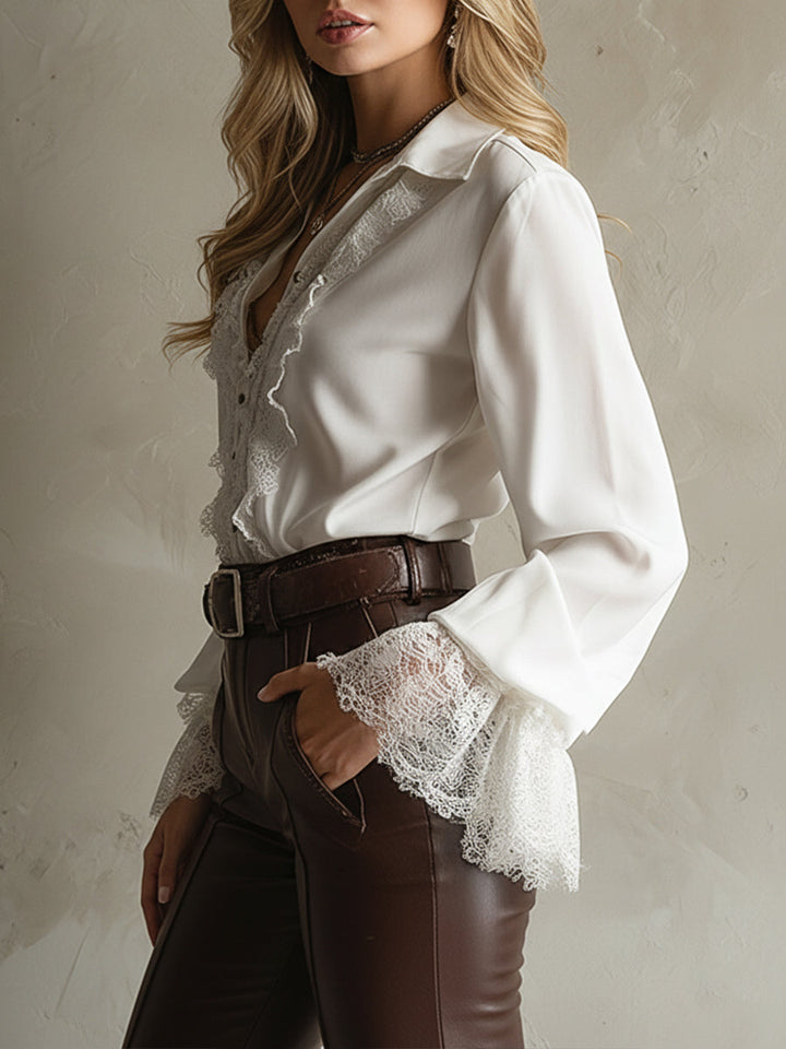 Chic Cotton Blend Blouse with Lace Accents and Bell Sleeves