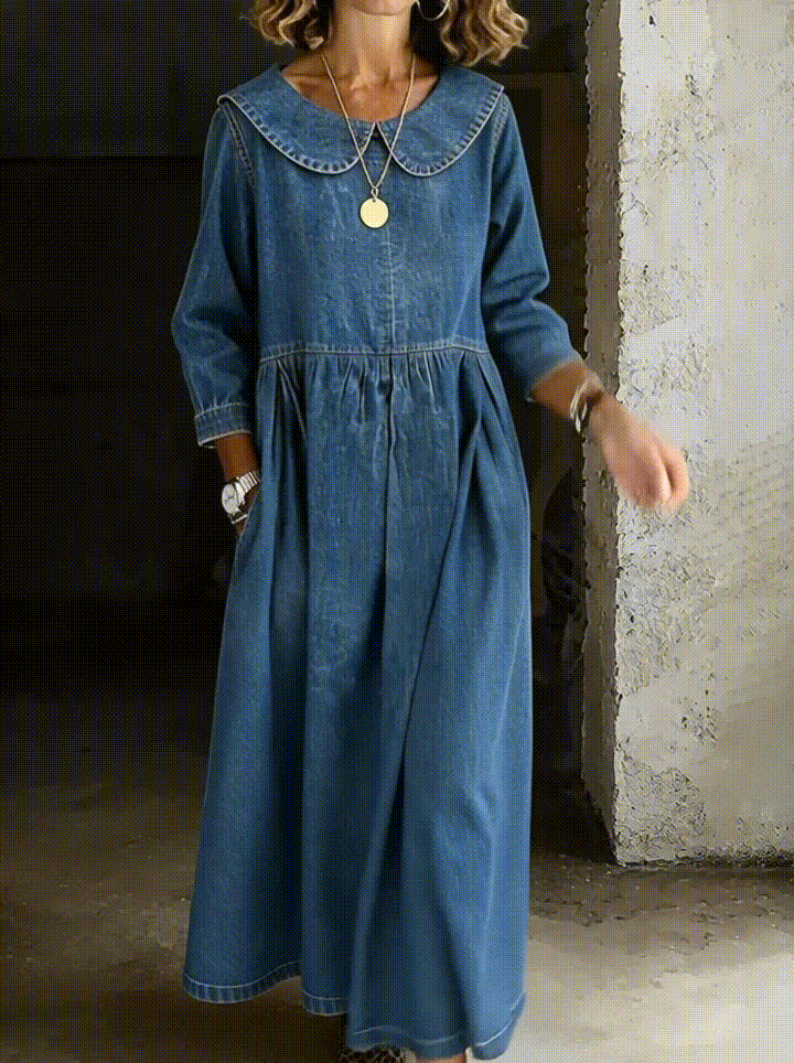 Leonor - Denim Dress Featuring a Charming Peter Pan Collar