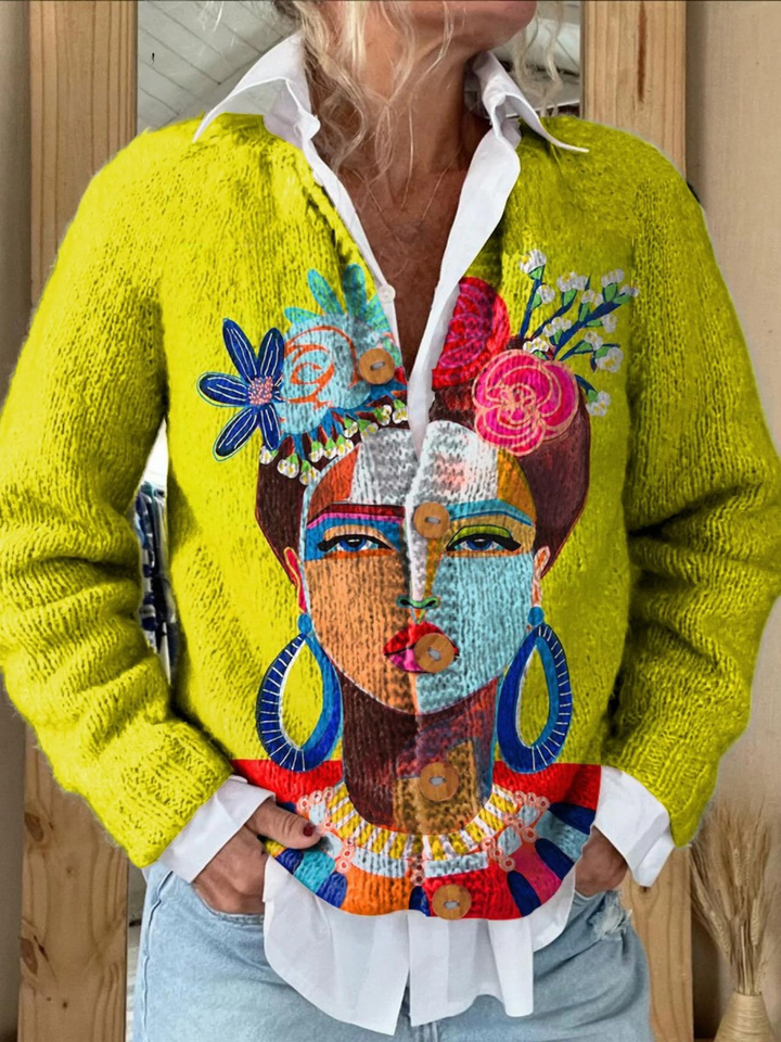 Cardigan with Artistic Portrait and Buttons