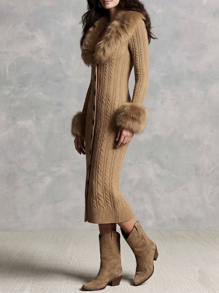 Vintage-Inspired Midi Dress with Camel Faux Leather Accents and Knitted Collar & Cuffs