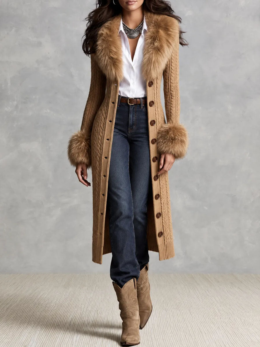 Vintage-Inspired Midi Dress with Camel Faux Leather Accents and Knitted Collar & Cuffs