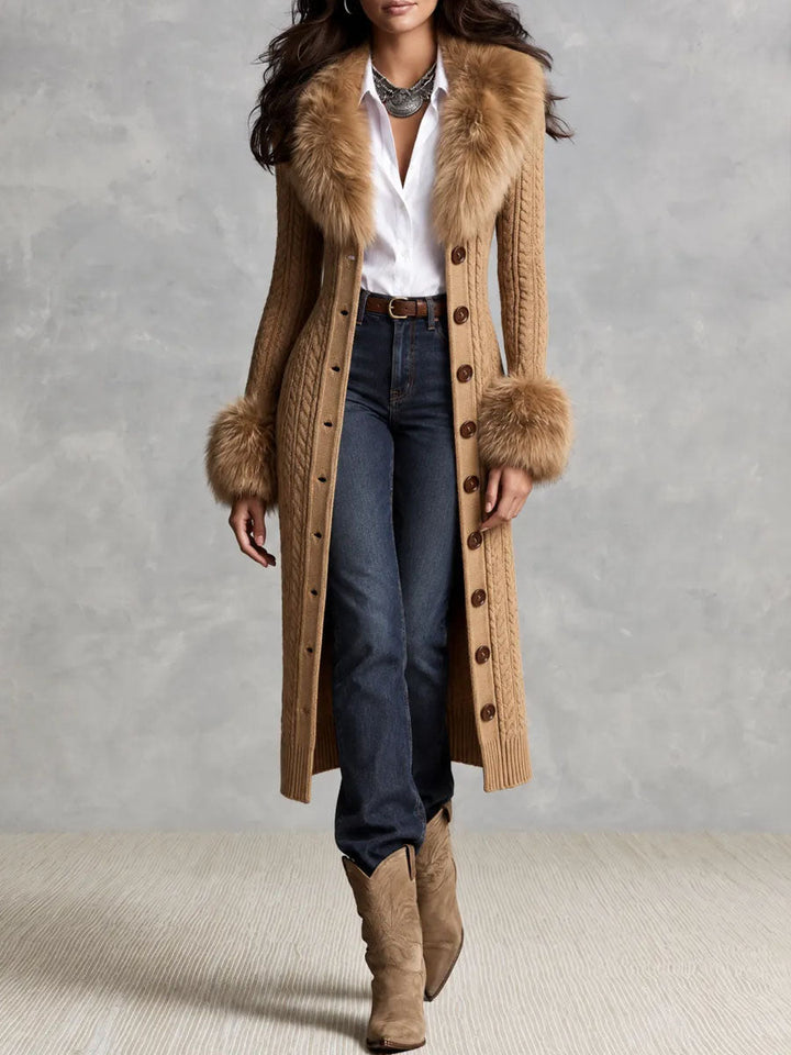 Vintage-Inspired Midi Dress with Camel Faux Leather Accents and Knitted Collar & Cuffs