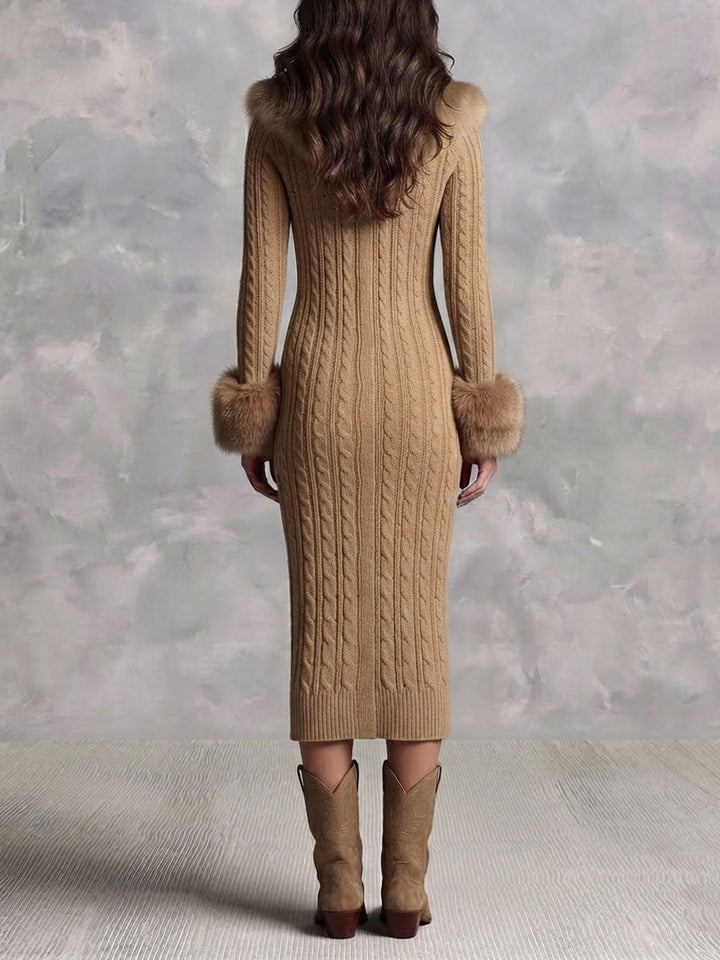 Vintage-Inspired Midi Dress with Camel Faux Leather Accents and Knitted Collar & Cuffs
