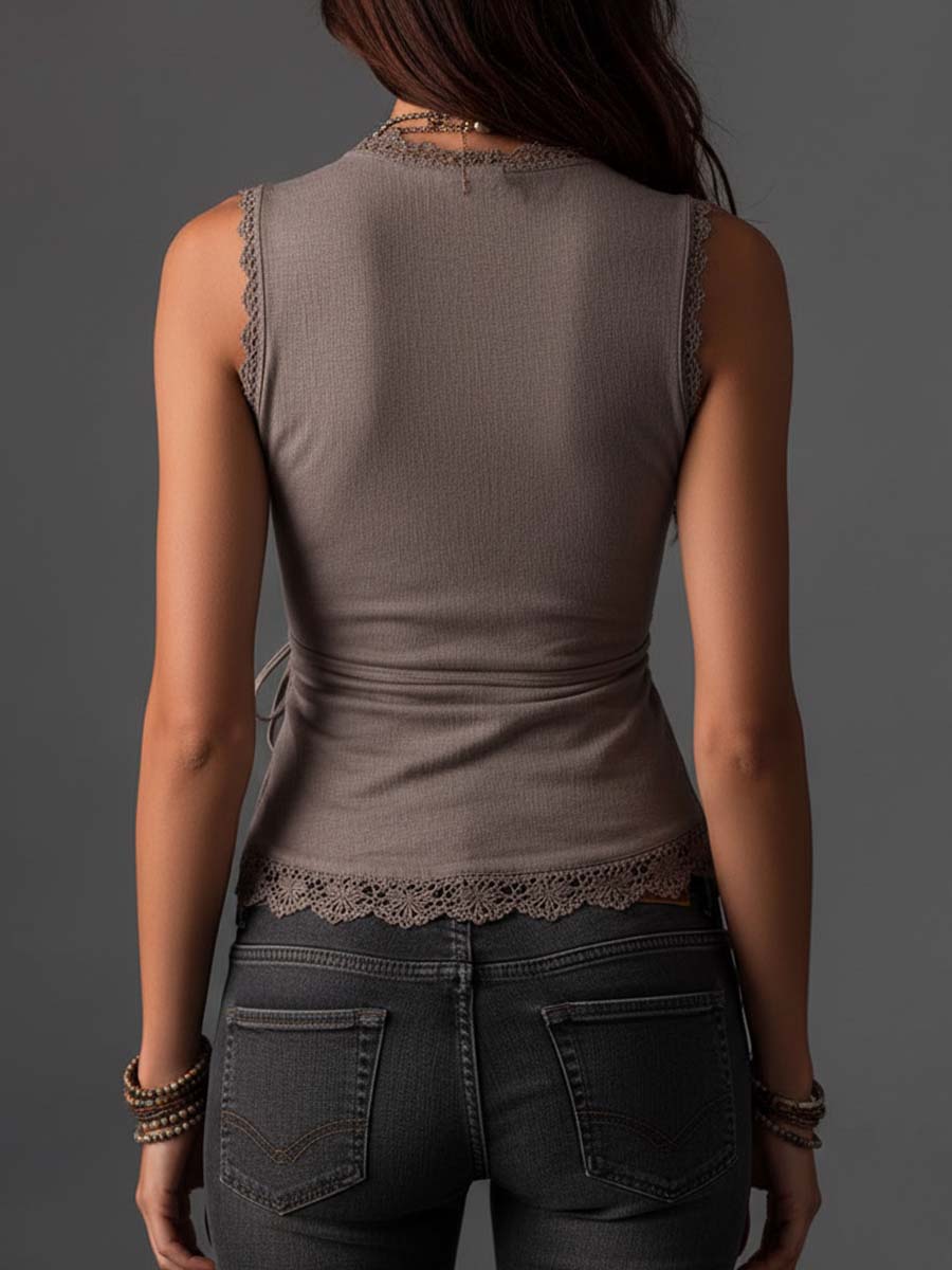 Lace-Trimmed Sleeveless Cotton-Linen Blend Top