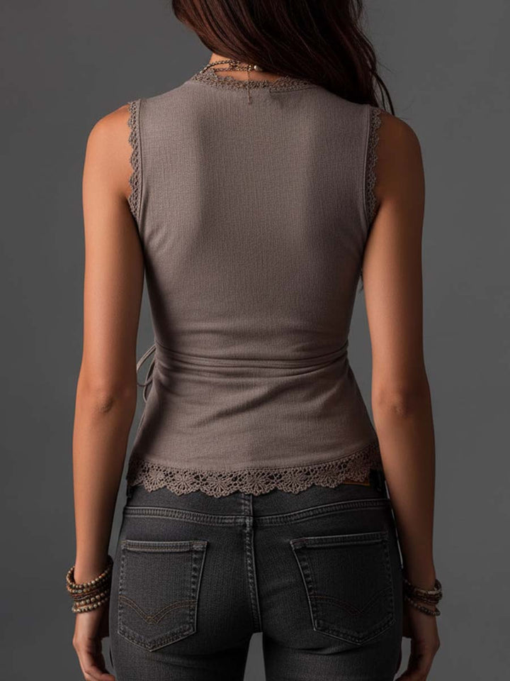 Lace-Trimmed Sleeveless Cotton-Linen Blend Top