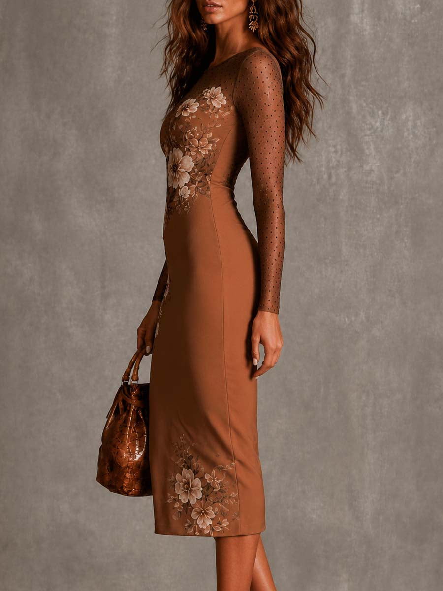 Vintage Floral Polka Dot Mesh Long Sleeve Midi Bodycon Dress