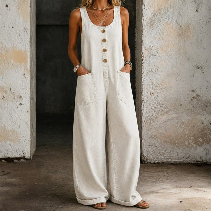 Vânia - Retro Distressed Denim Cotton Jumpsuit