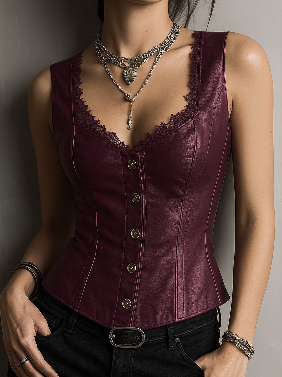 Chic Black Leather Waistcoat Adorned with Lace