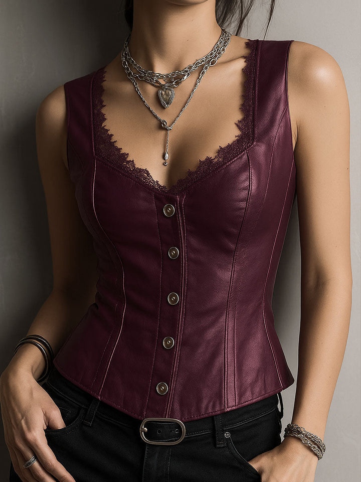 Chic Black Leather Waistcoat Adorned with Lace