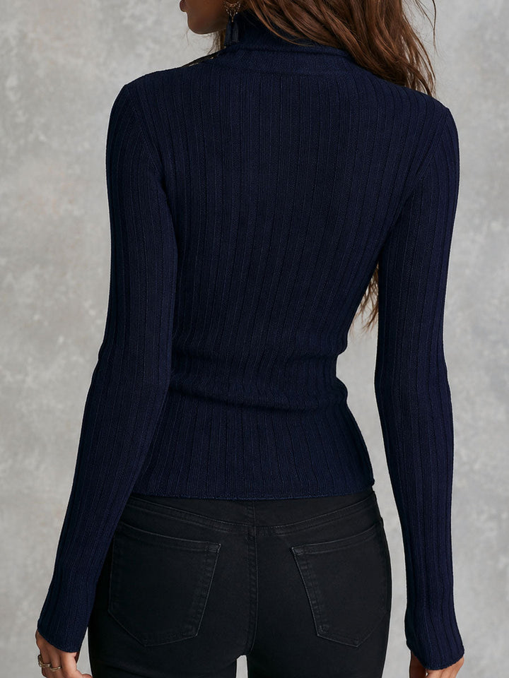 Vintage-Inspired Navy Slim Fit Knit Sweater with Ribbed Details and Half Zip Mock Neck