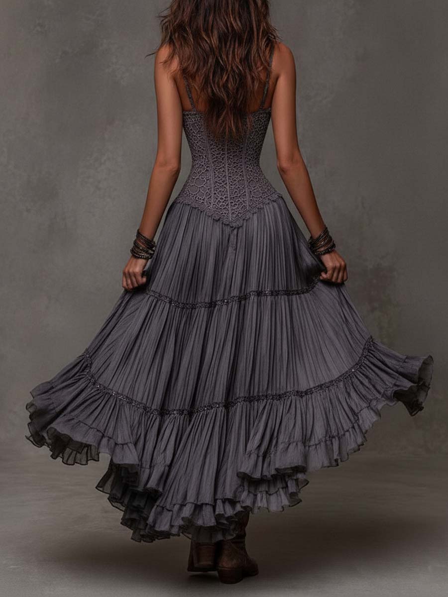 Dark Grey Maxi Dress with Lace Bodice and Layered Design
