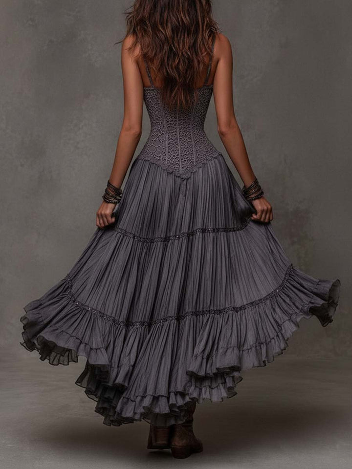Dark Grey Maxi Dress with Lace Bodice and Layered Design