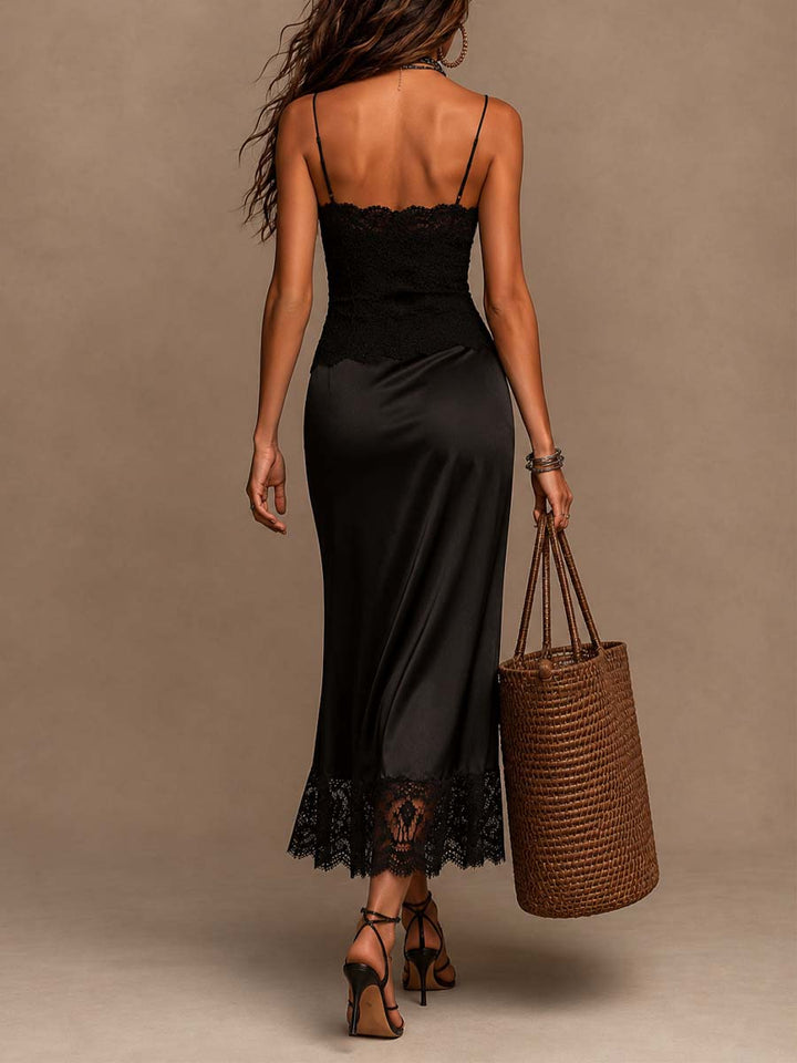Vintage Lace Midi Dress with Satin Trimmed Hem