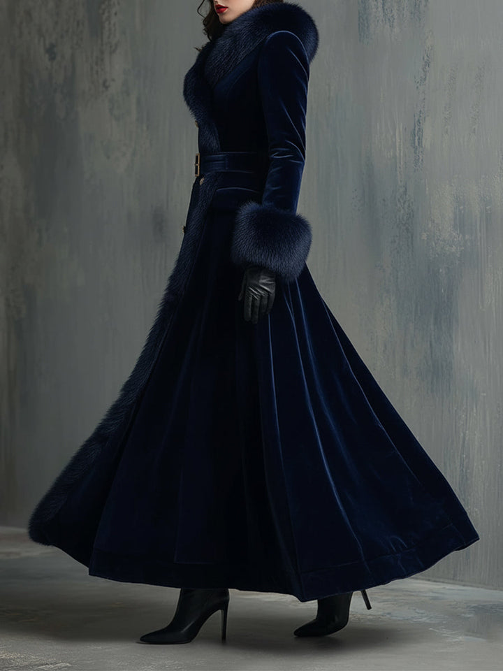 Chic Mid-Length Velvet Coat with Faux Fur Trim