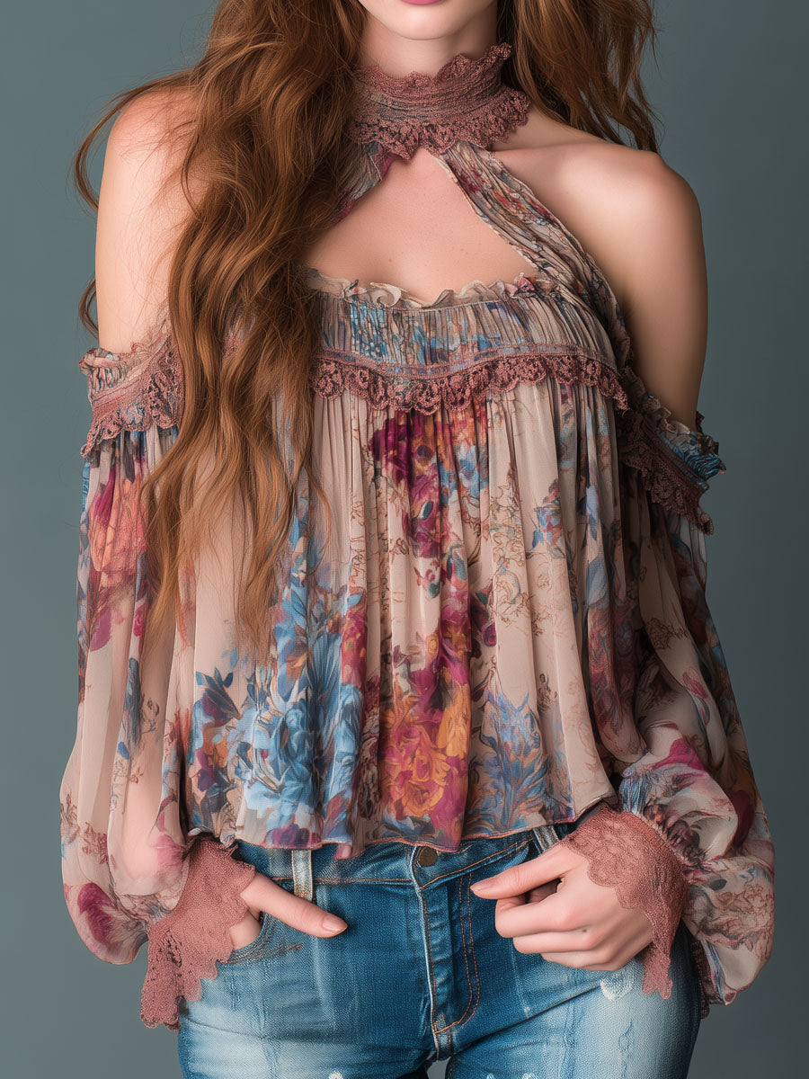 Bohemian Blush Floral Chiffon Top with Cold Shoulder Design and Deep Neckline
