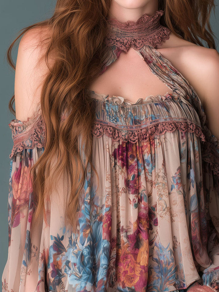 Bohemian Blush Floral Chiffon Top with Cold Shoulder Design and Deep Neckline