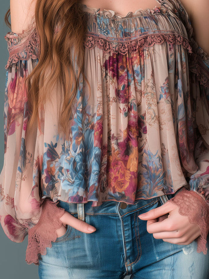 Bohemian Blush Floral Chiffon Top with Cold Shoulder Design and Deep Neckline