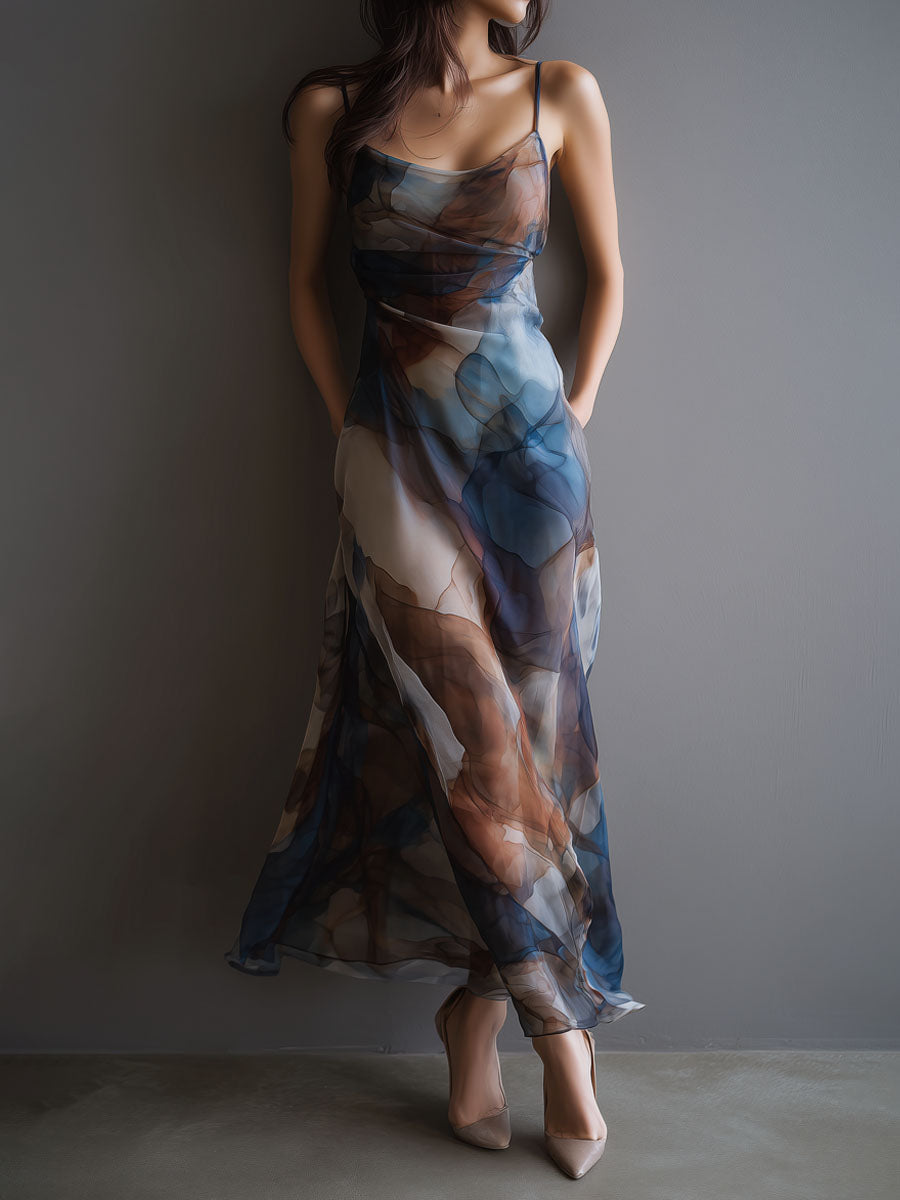 Vintage-Inspired Abstract Watercolor Satin Maxi Dress