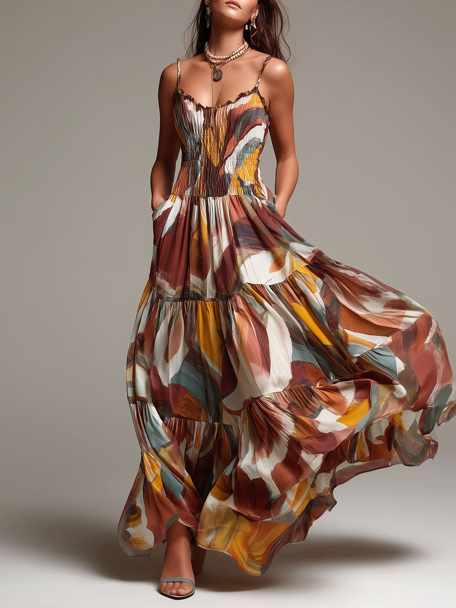 Vibrant Abstract Boho Maxi Dress with Ruched Bust Detail