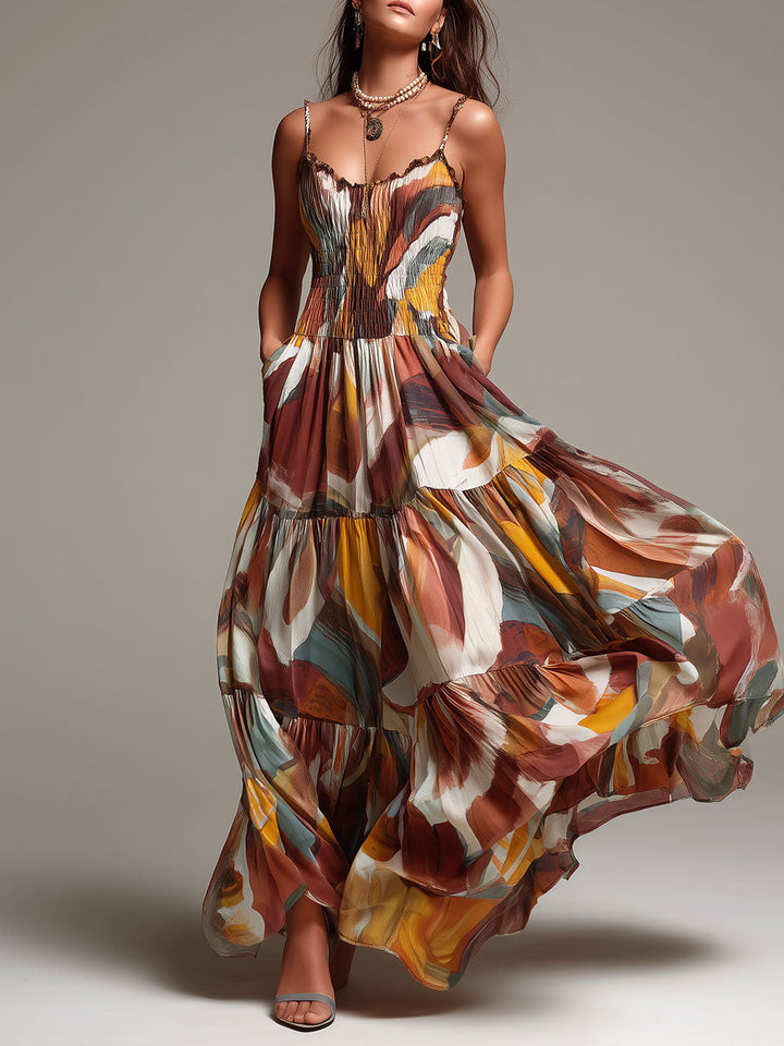 Vibrant Abstract Boho Maxi Dress with Ruched Bust Detail