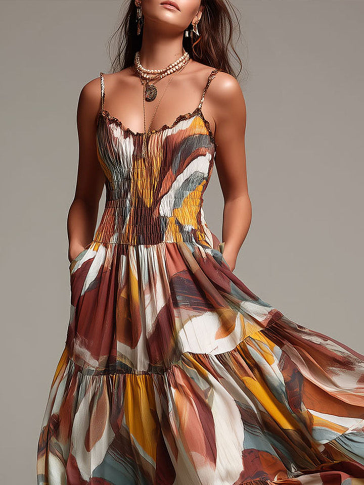 Vibrant Abstract Boho Maxi Dress with Ruched Bust Detail