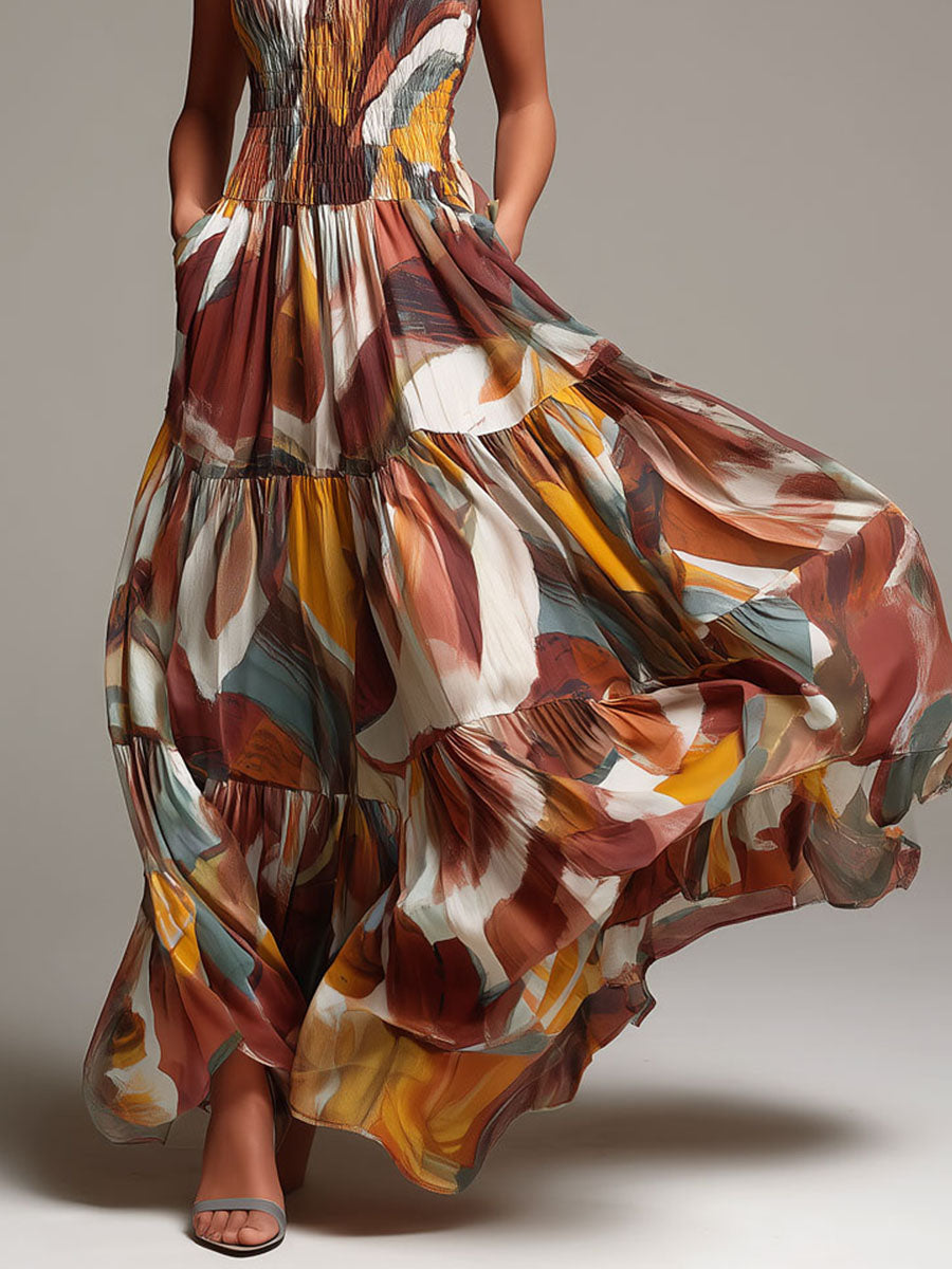 Vibrant Abstract Boho Maxi Dress with Ruched Bust Detail