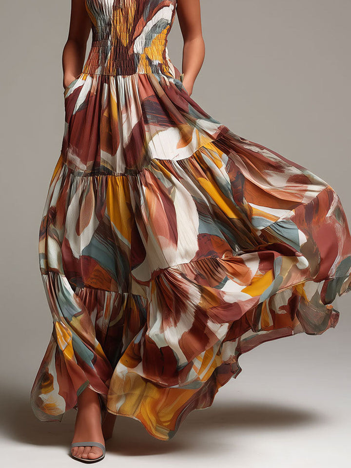 Vibrant Abstract Boho Maxi Dress with Ruched Bust Detail