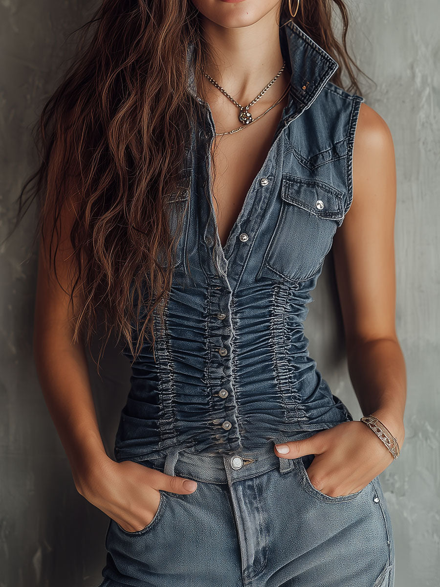 Vintage-Inspired Sleeveless Denim Top in Blue