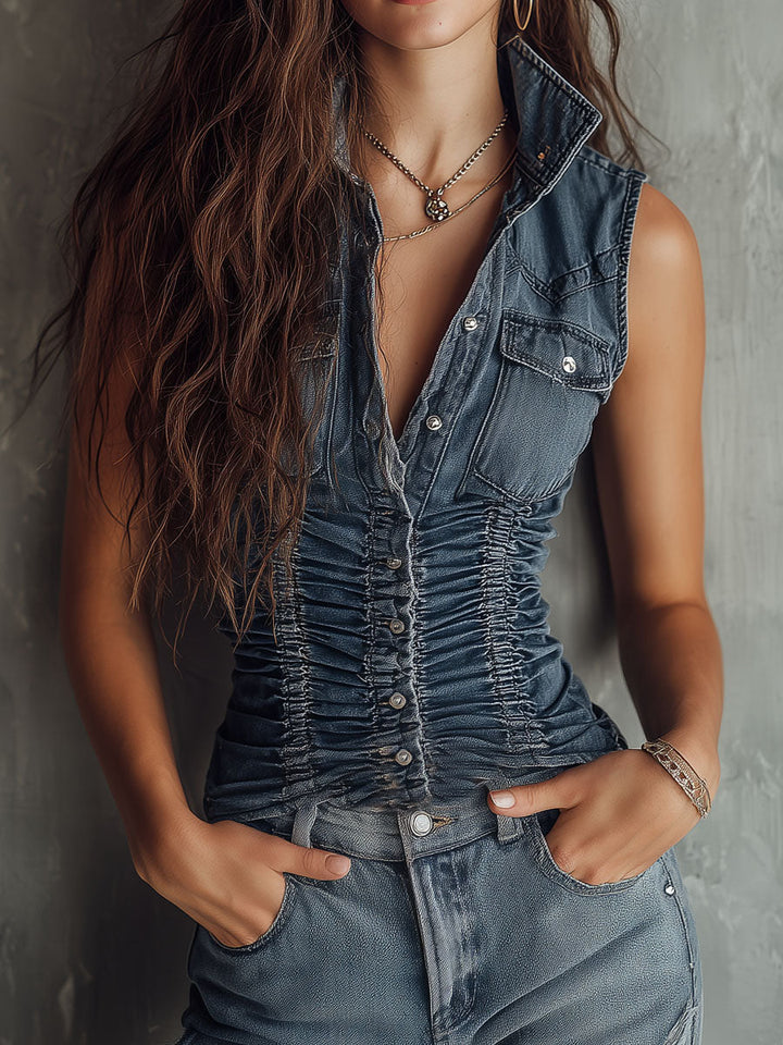 Vintage-Inspired Sleeveless Denim Top in Blue
