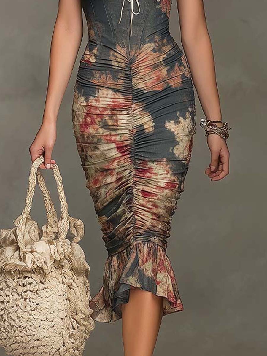 Bohemian Satin Midi Dress with Vintage Floral Print and Lace Trim