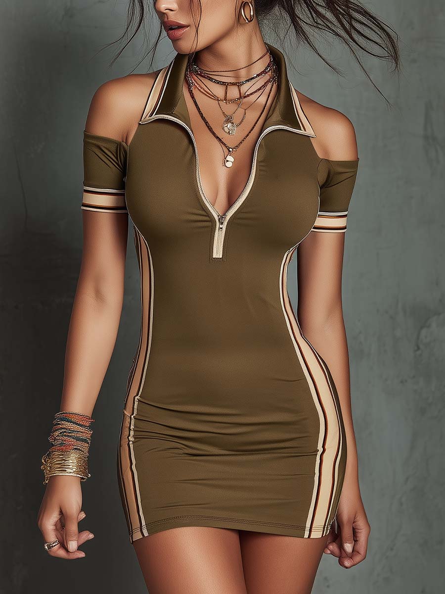 Chic Sporty Halter Mini Dress with Open Shoulder Design