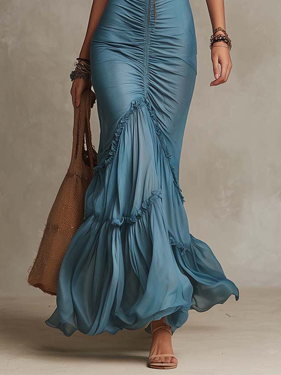 Satin Mermaid Dress with Spaghetti Straps - Long Length