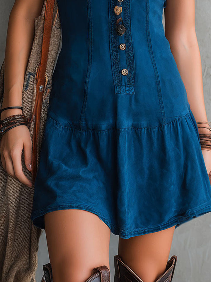 Indigo Embroidered Sleeveless Mini Dress with Boho Chic Style