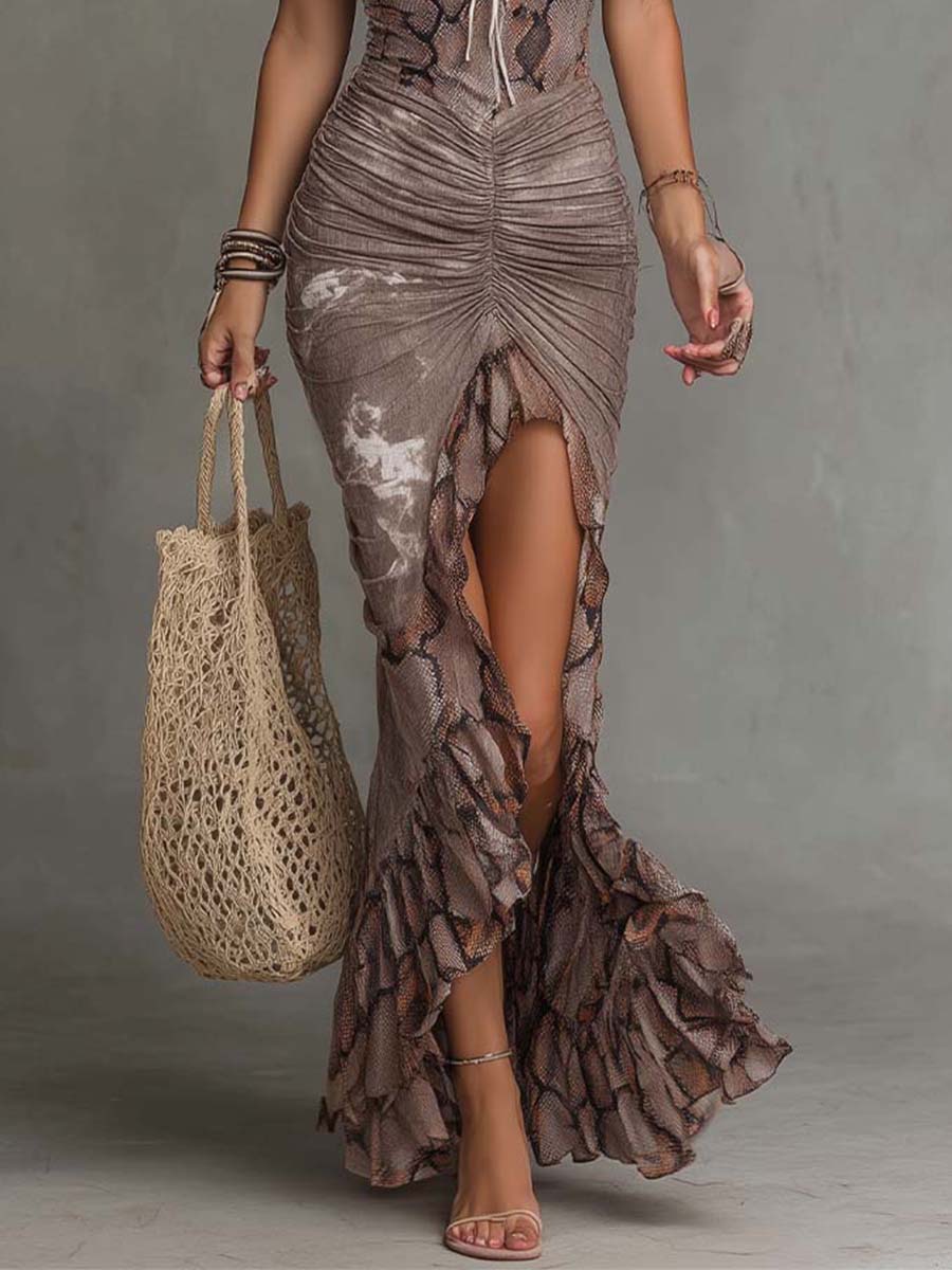 Bohemian Maxi Dress with Lace Accents and Fishbone Stitching