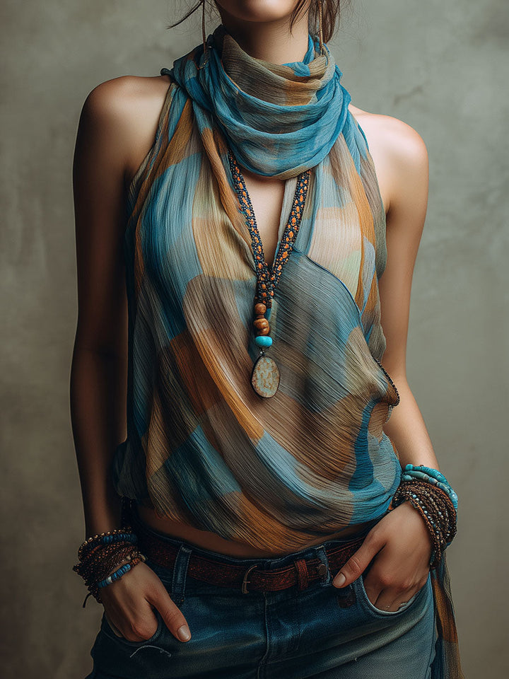 Blue and Amber Satin-Neck Blouse