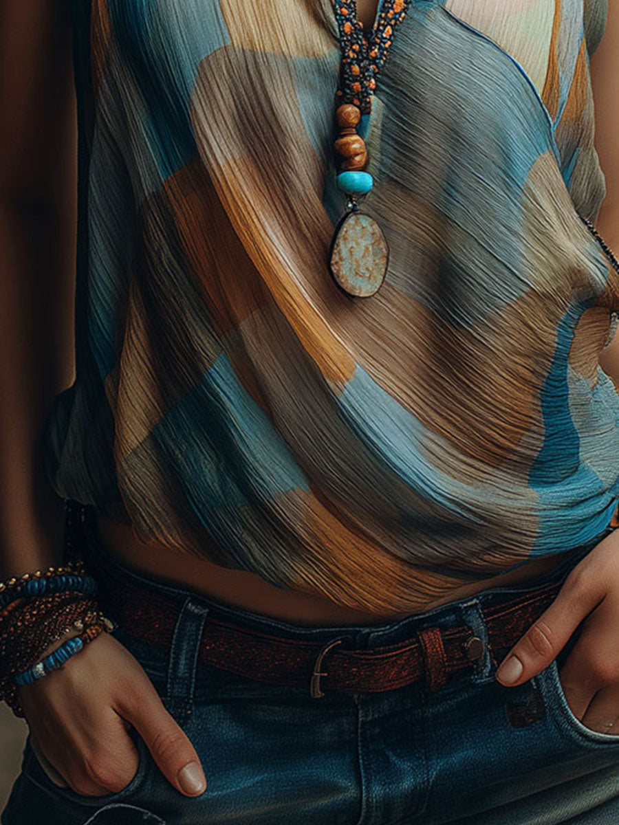 Blue and Amber Satin-Neck Blouse