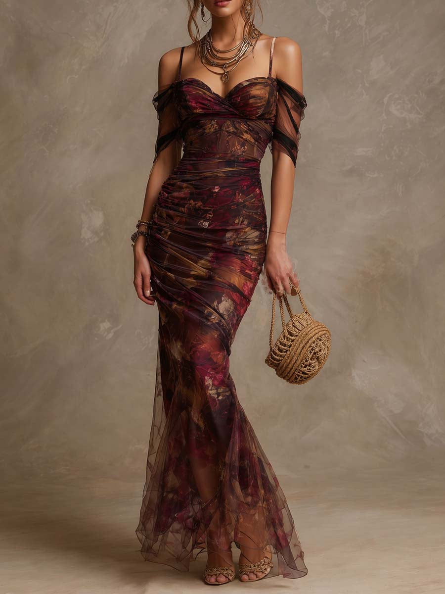 Vintage Floral Off-Shoulder Ruched Mesh Mermaid Maxi Gown