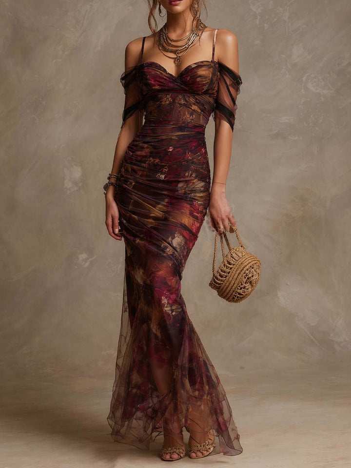 Vintage Floral Off-Shoulder Ruched Mesh Mermaid Maxi Gown